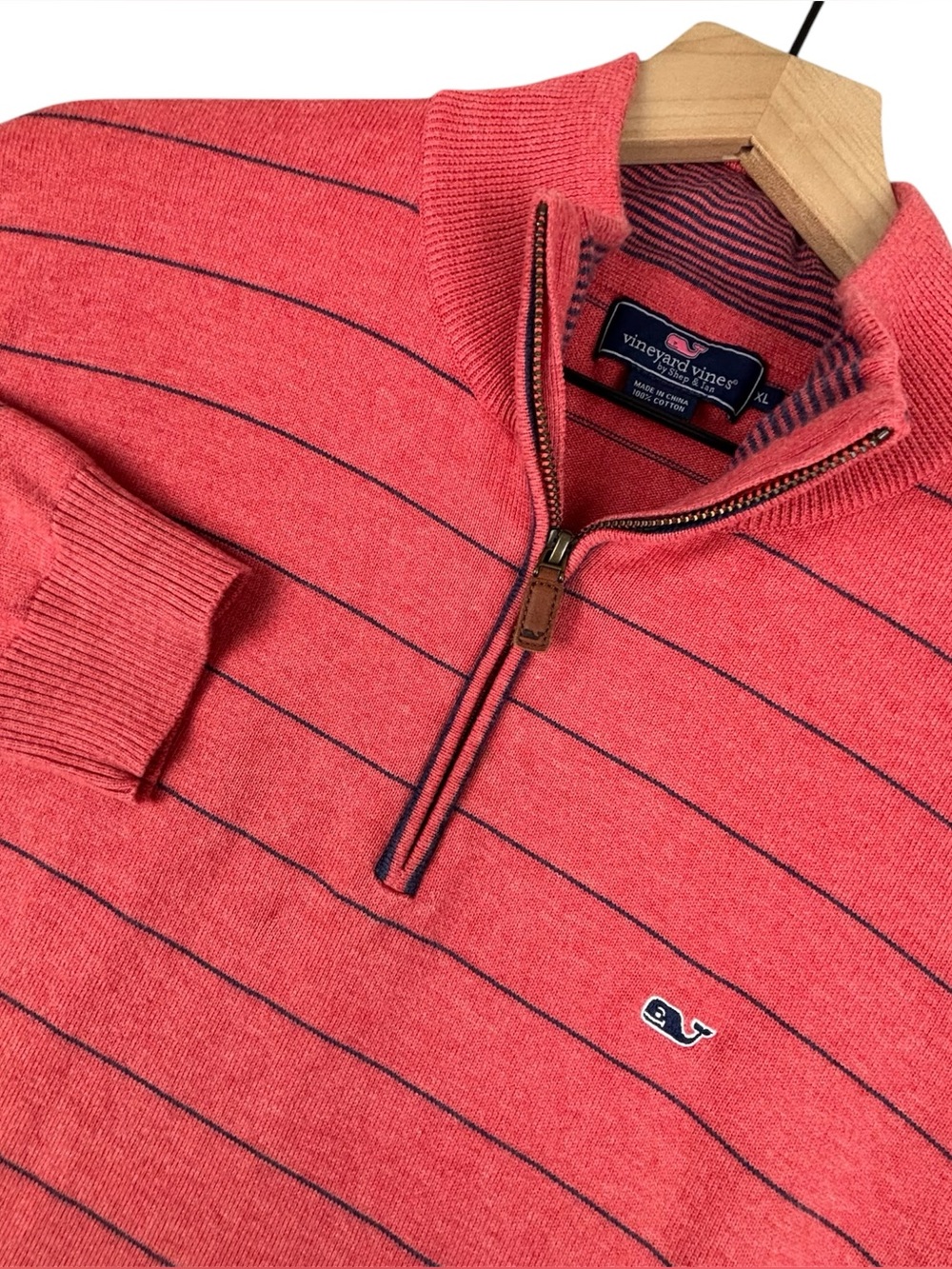 Vineyard Vines‎ Sweater Mens XL Pink Coral Red  1/4 Zip Striped Pullover Knit
